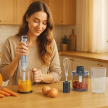 Batidora de mano 4 en 1 MX0205 de 1000 W. Incluye batidor, picadora de 500 ml y vaso de 600 ml.