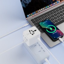 Adaptador de viaje universal MX0186 PD 20W con 2 puertos Tipo-C + 1 USB - blanco