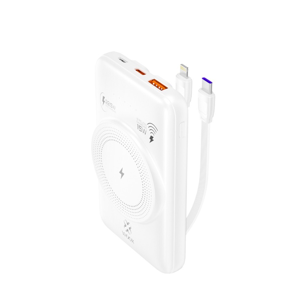 Banco de energía 2 en 1 y carga inalámbrica MX0133 30000 mAh 22,5 W, carga inalámbrica 15 W con 2 cables ABS + PC (blanco)