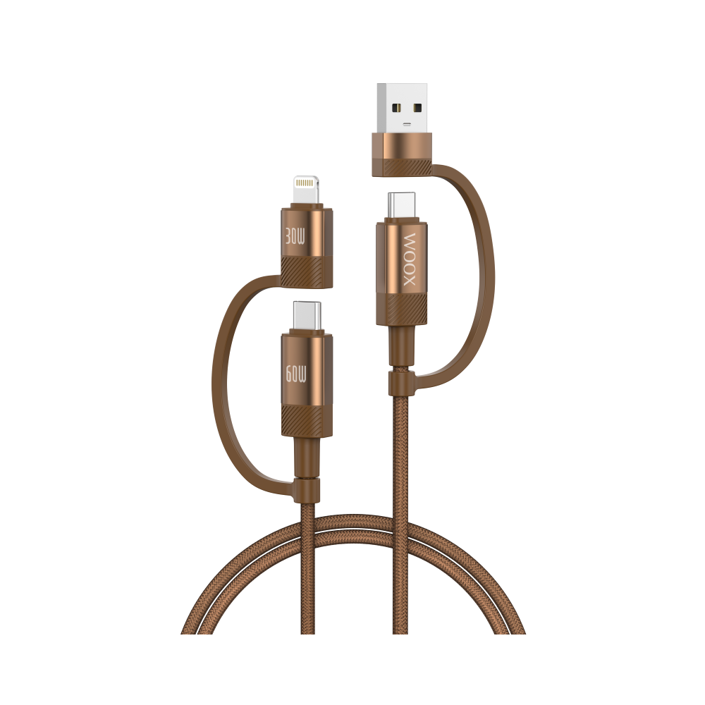 Cable de datos 4 en 1 MX0220 USB+Tipo C a 60 W Tipo C+30 W Lightning 1 m - marrón