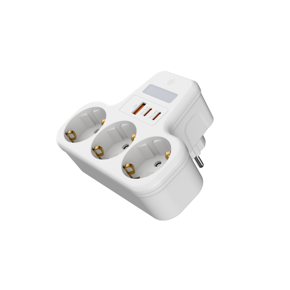 Toma de corriente UE MX0312 3680W con 3 tomas + 2 USB + 1 PD 20W — Blanco