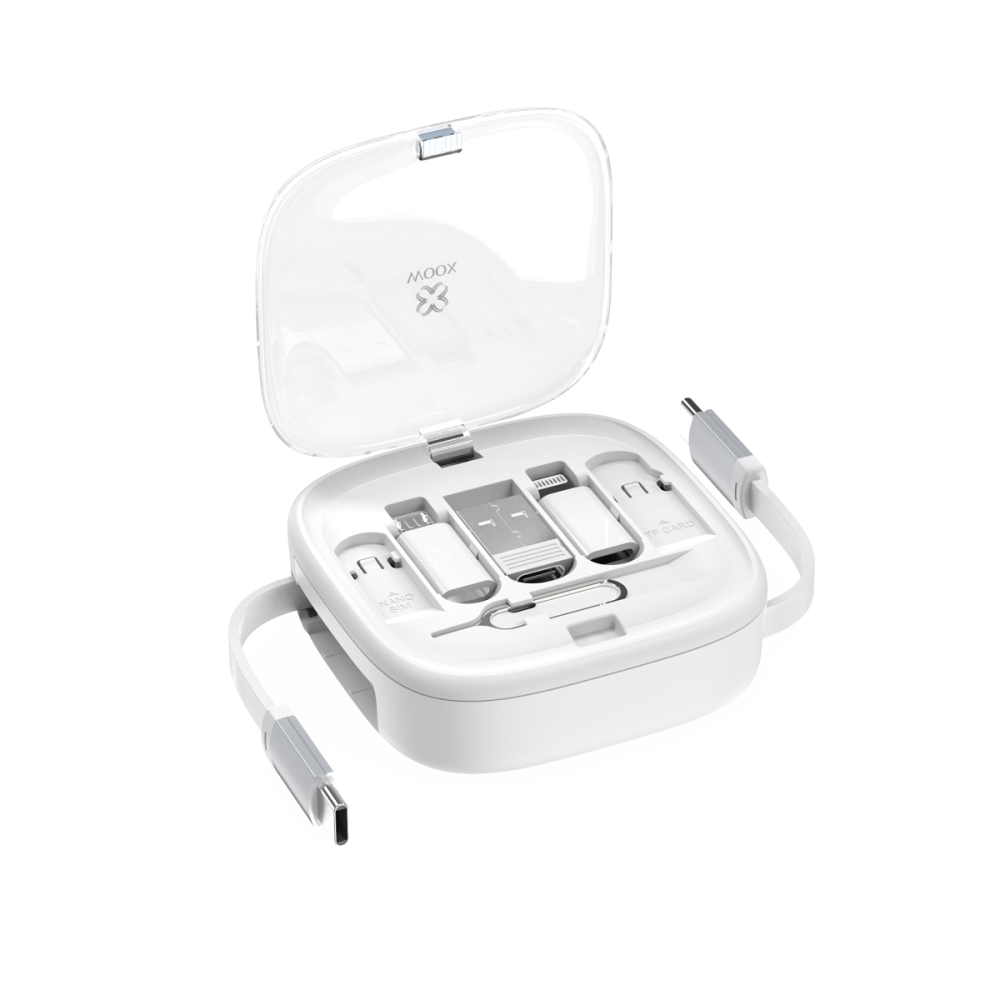 Caja de cables de datos MX0282, incluye cable C a C, adaptador C a Micro, C a A, C a L, SIM y TF, y pin de extracción de SIM.