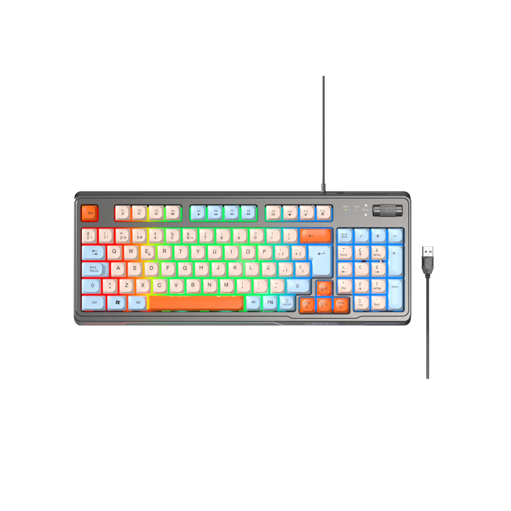 Teclado gaming con cable MX0507 de 94 teclas, retroiluminado, distribución en español, cable de 1,5 m, multicolor.